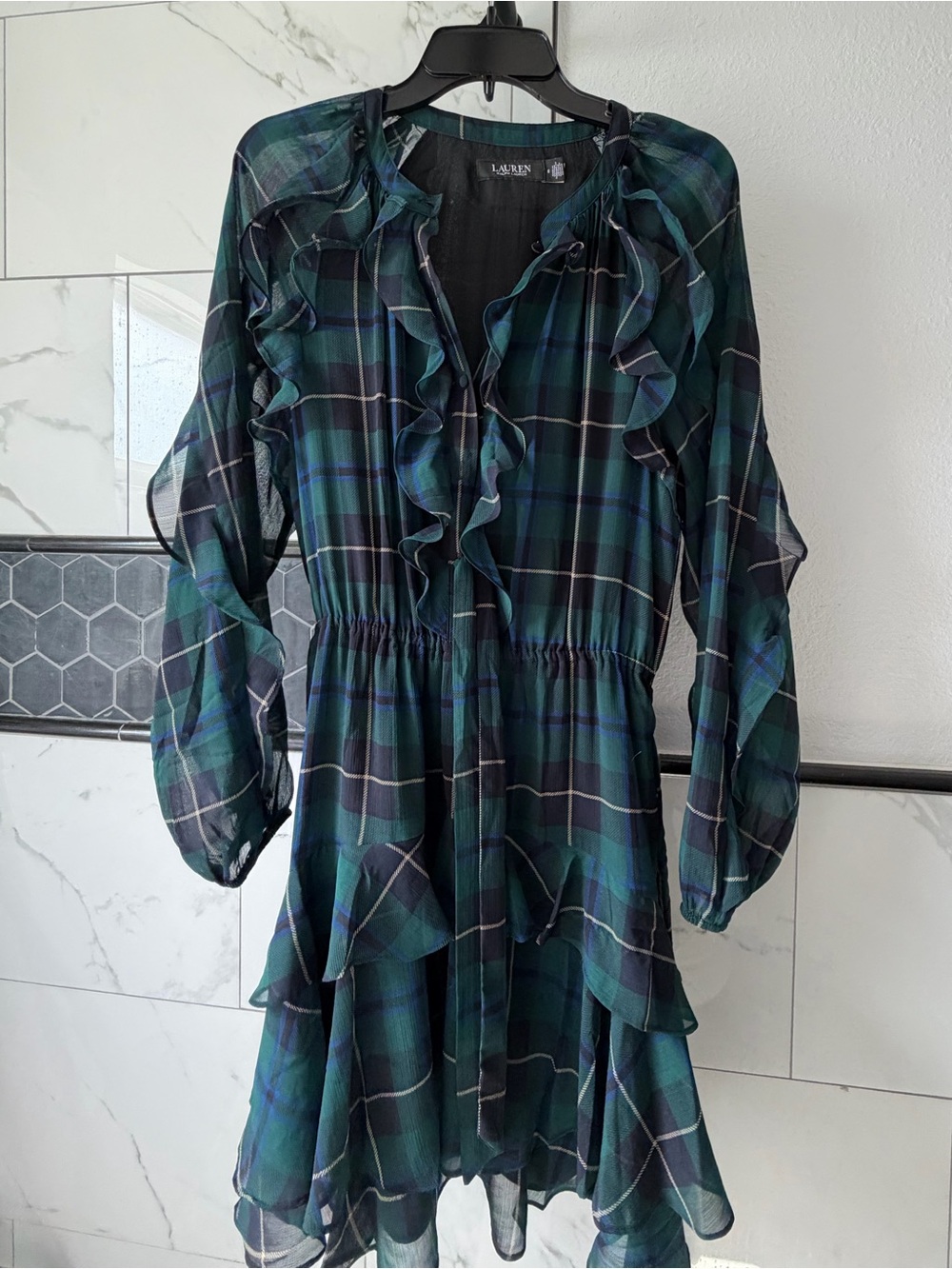 Ralph Lauren Green & Navy Plaid Ruffle Long Sleeve Dress